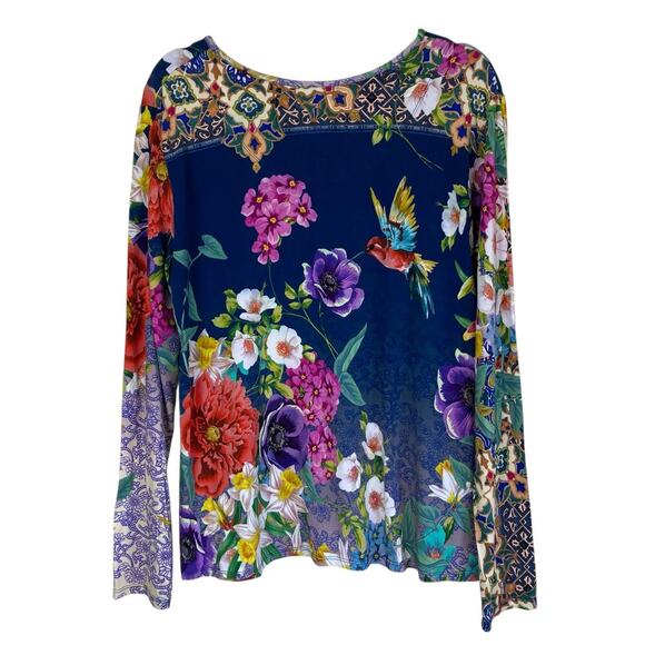Johnny Was Sz M Sunrise Favorite Top Floral Hummingbird Colorful Bright Bamboo - Picture 5 of 16